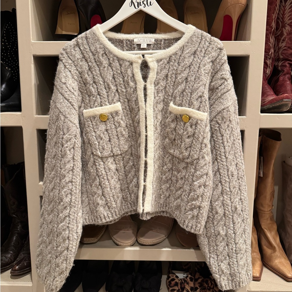 J. Crew Cream and Gray Cable Knit Cardigan